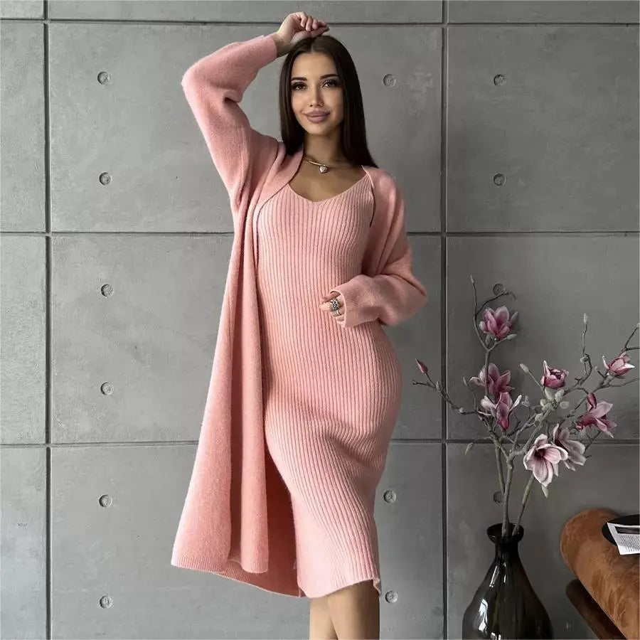 2pcs Knitted Suit Fashion Slim Sleeveless Long Dress And Casual Loose Cardigan Spring Fall Women's Clothing Angel Wishes