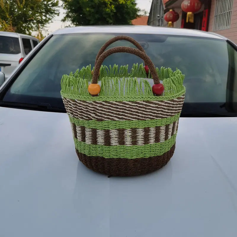 Picnic Basket Tassel Wooden Bead Decorative Cute Handbag Hand Woven Angel Wishes