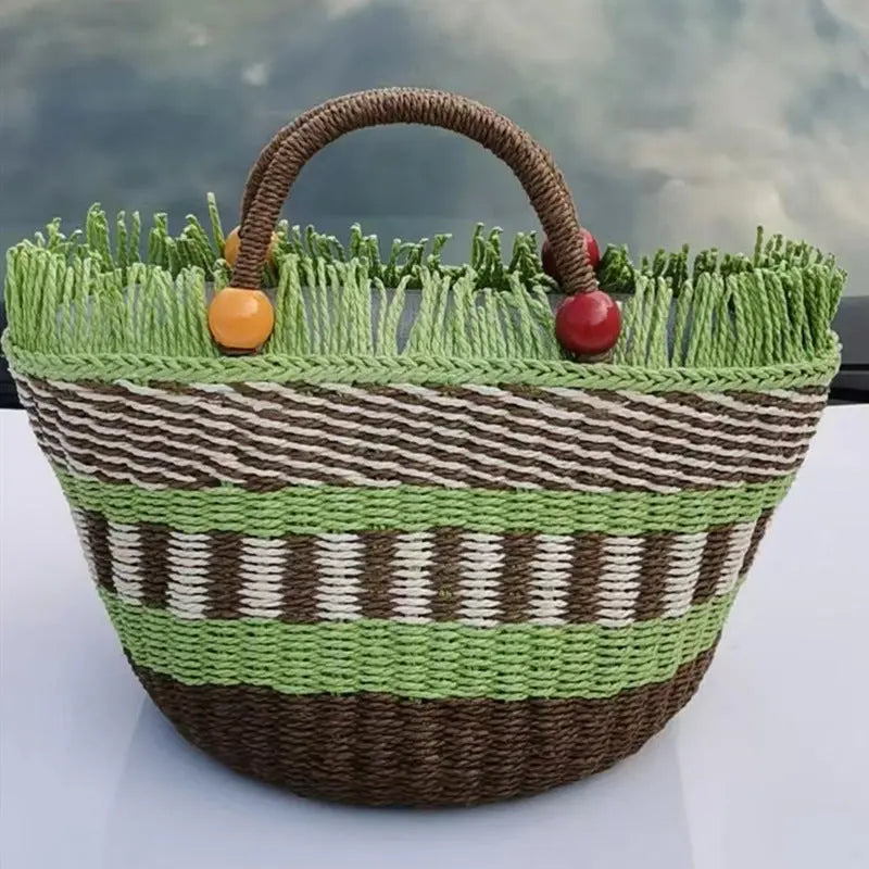 Picnic Basket Tassel Wooden Bead Decorative Cute Handbag Hand Woven Angel Wishes