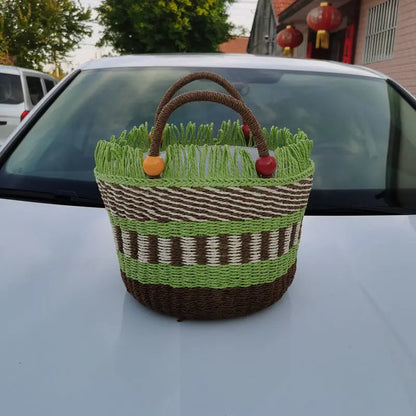 Picnic Basket Tassel Wooden Bead Decorative Cute Handbag Hand Woven Angel Wishes