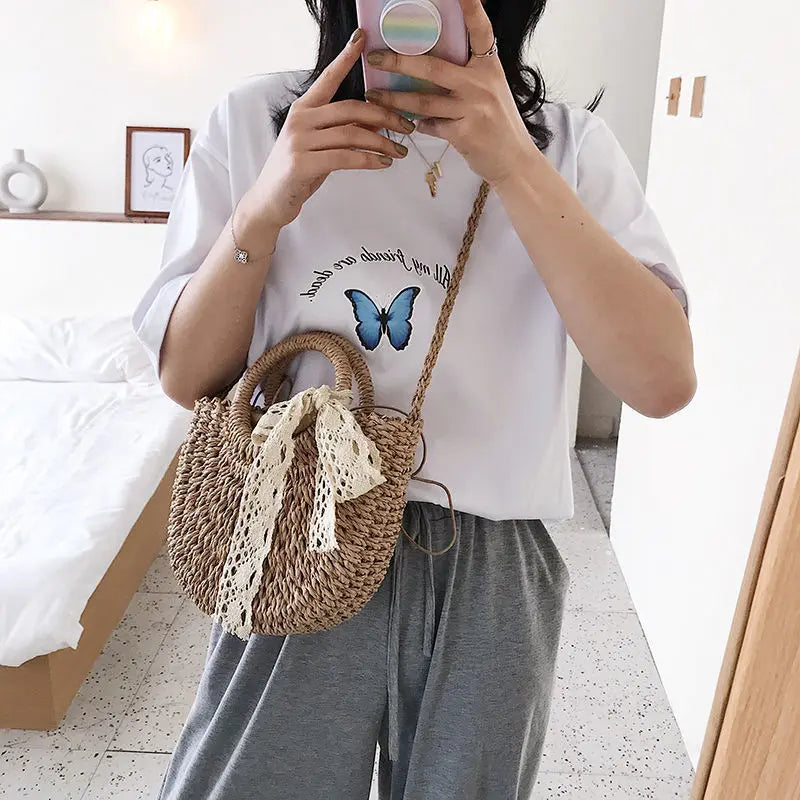 Small bag female new wild net red woven bag western style lace ribbon straw bag handbag summer Angel Wishes
