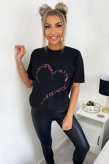 Ladies Oversized Printed Heart Short Sleeves T Shirt Top Angel Wishes