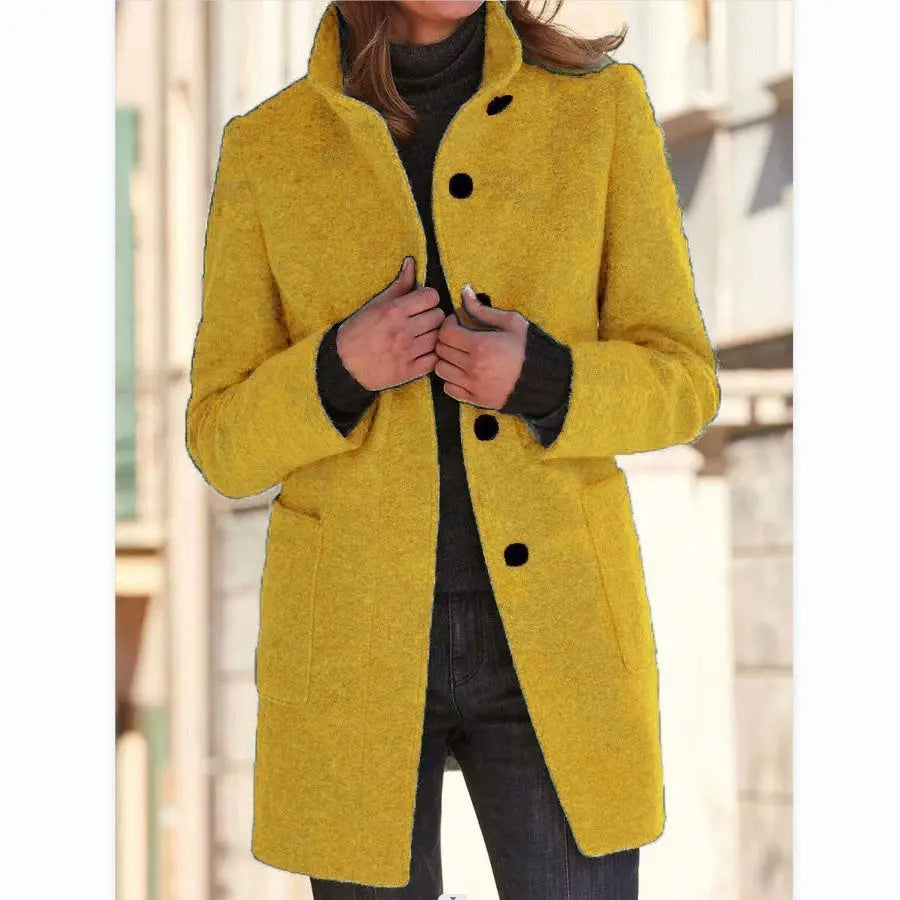 Fashion Stand Collar Woolen Coat With Pockets Fall Winter Casual Button Outwear For Women Clothing Angel Wishes