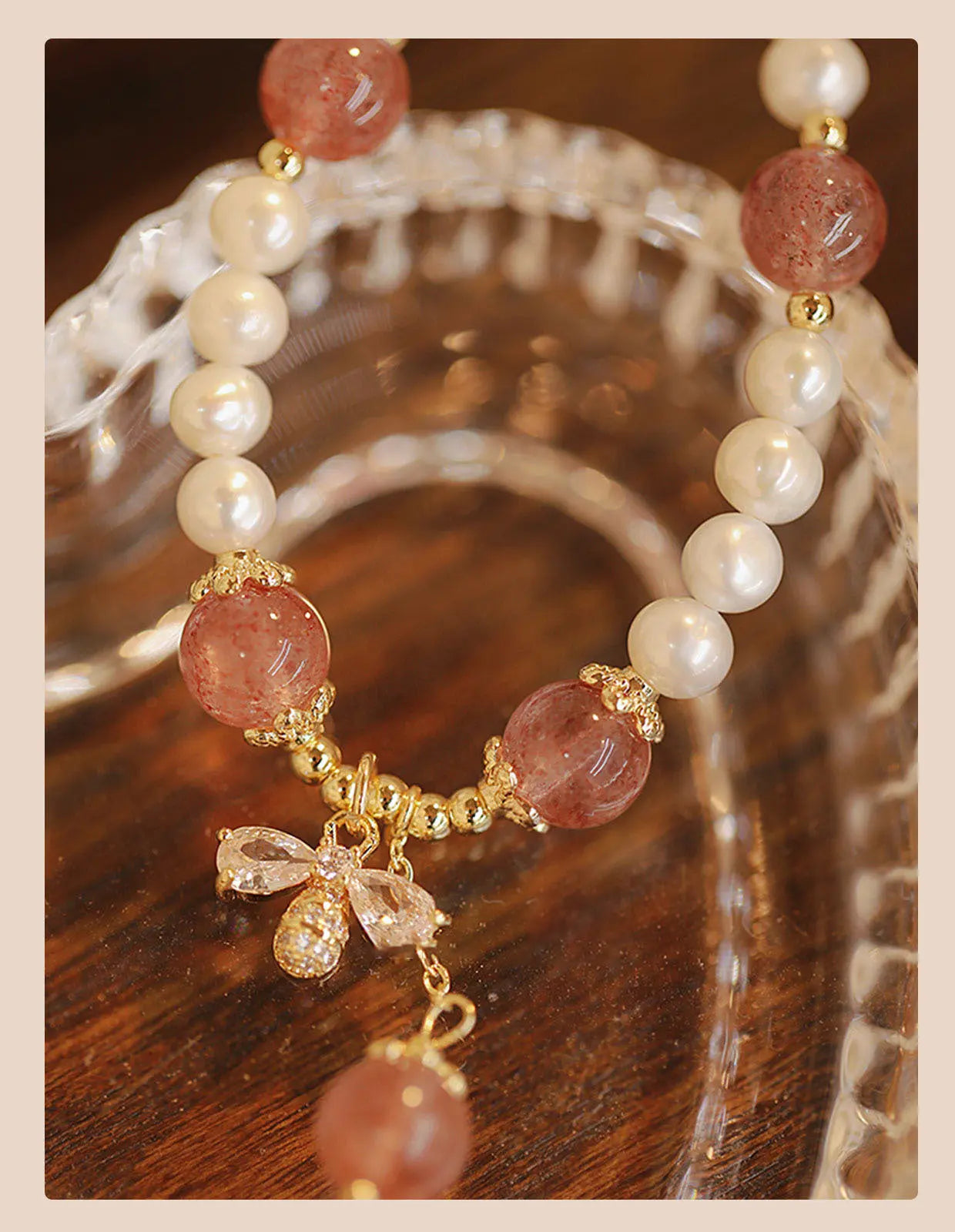 Crystal Strawberry Quartz Stringed Pearls Bracelet Angel Wishes