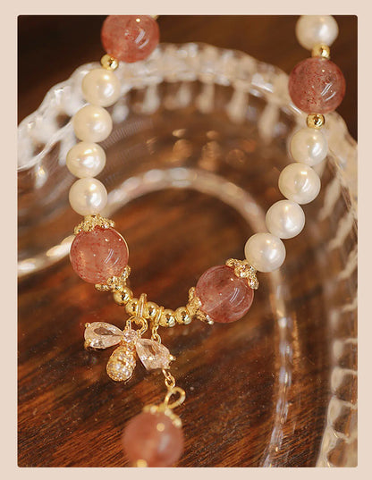 Crystal Strawberry Quartz Stringed Pearls Bracelet Angel Wishes
