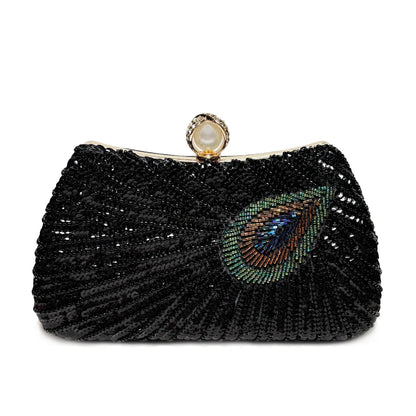 Beaded Peacock Feather Pearl Rhinestone Clutch Bag Angel Wishes