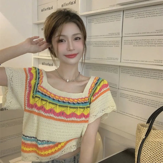 Summer Chic Contrast Colour Stripes Tops Angel Wishes