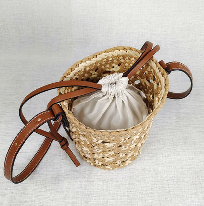 New French Women's Rhombus Bucket Straw Woven Shoulder Bag Angel Wishes
