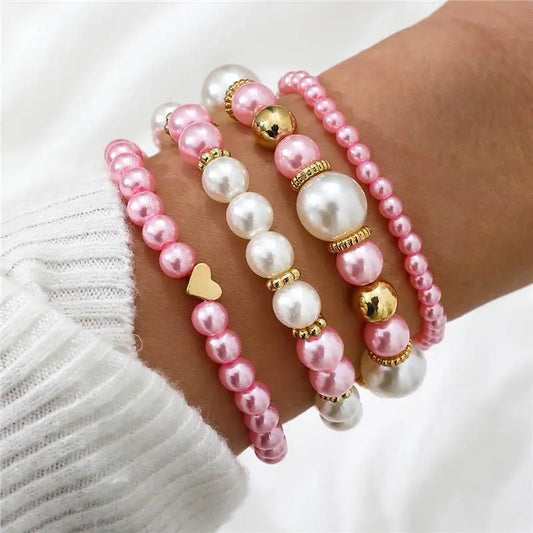 4pcs Set Simple White Faux Pearls Beads Bracelet Angel Wishes