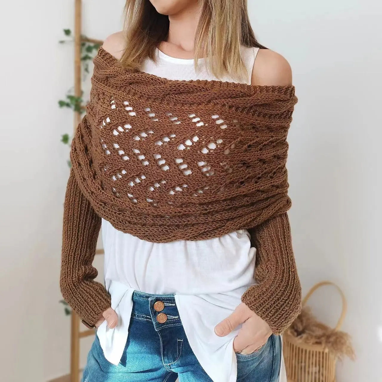 Autumn And Winter Warm Knitted Shawl Women's Hollowed-out Double Sleeve Shawl Collar Fashion Natural For Home And Party Angel Wishes