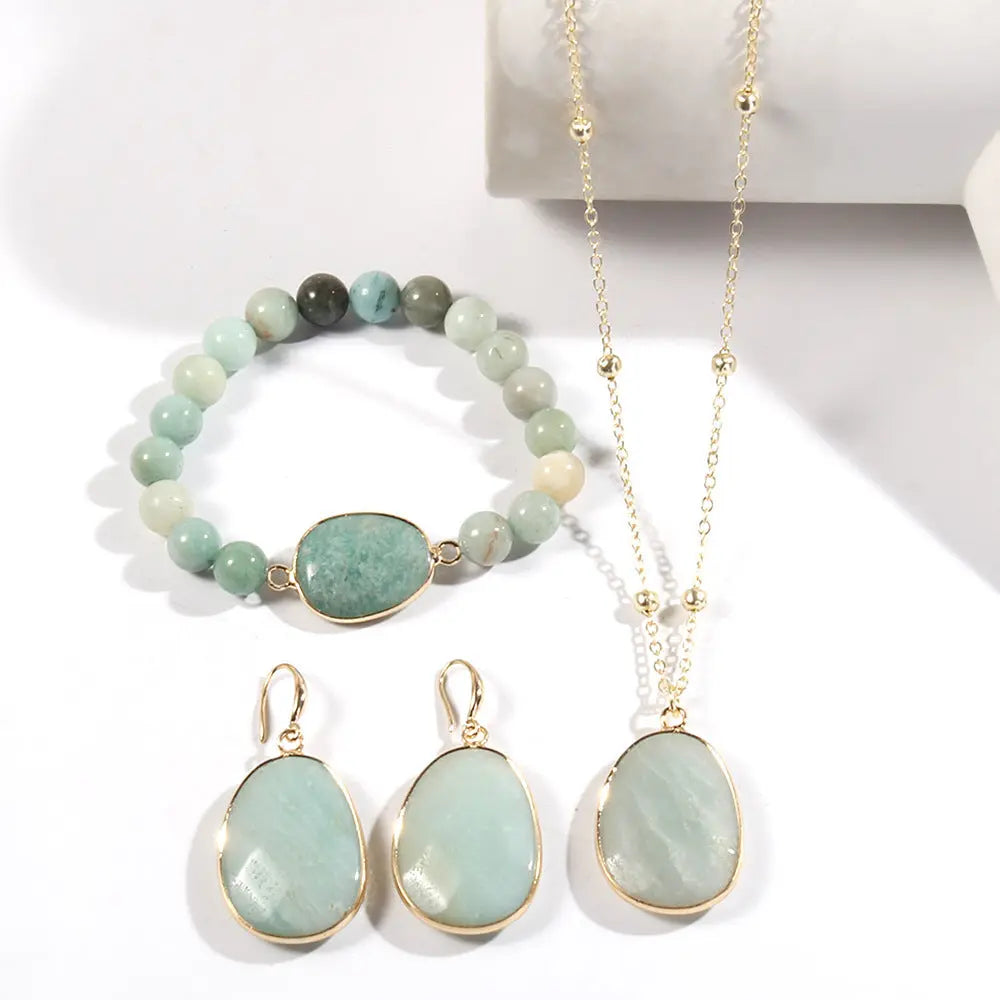 Gold Chain Necklace Natural Stone Bracelet Earrings Women's Jewelry Set Angel Wishes