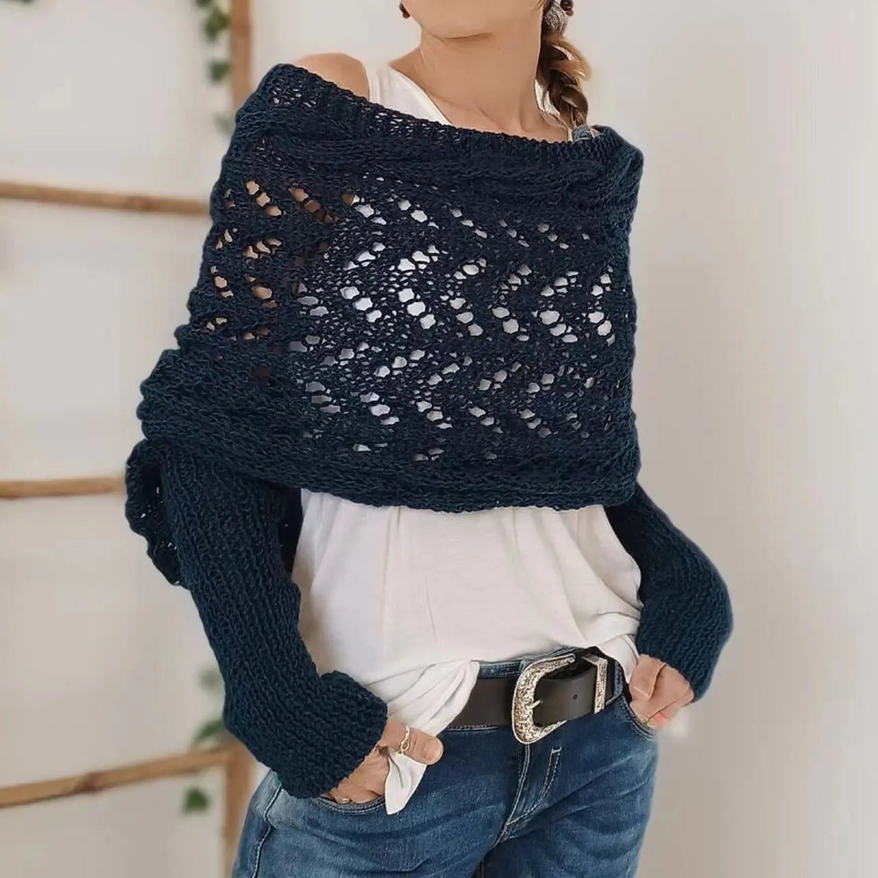 Autumn And Winter Warm Knitted Shawl Women's Hollowed-out Double Sleeve Shawl Collar Fashion Natural For Home And Party Angel Wishes