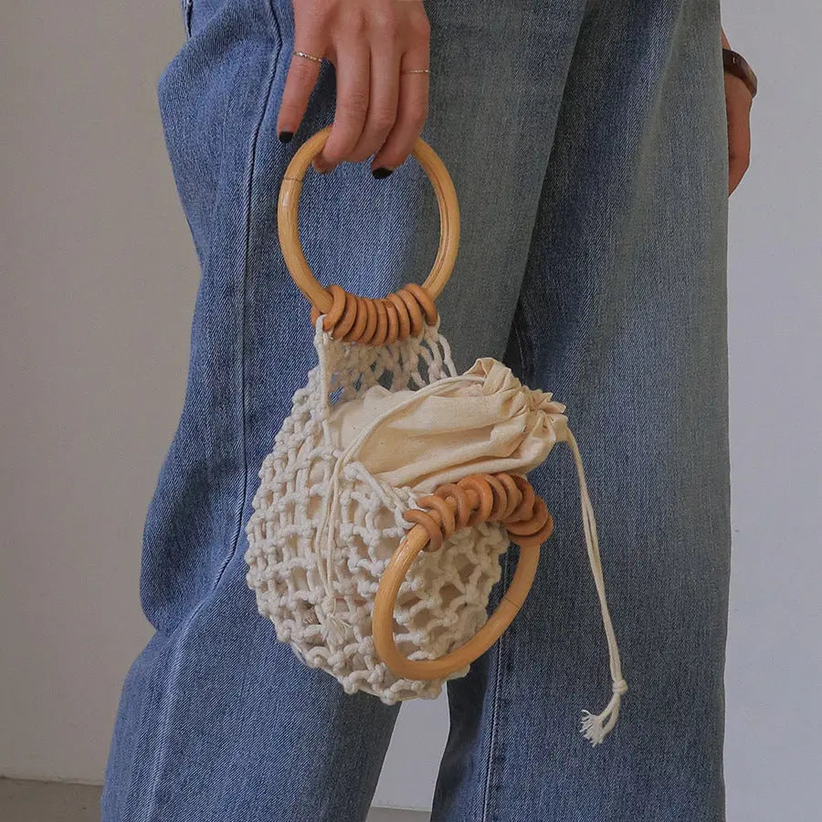 Woman Girl Fashion Woven Handbag Beach Style Wood Handle Drawstring Bucket Bag Angel Wishes