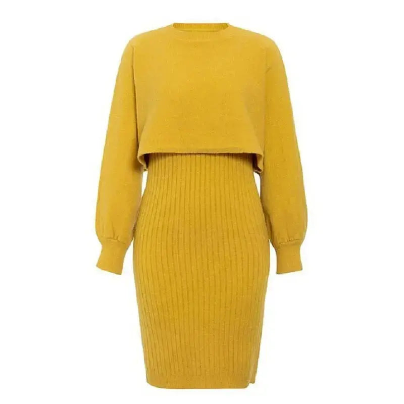 2pcs Knitted Dress Suit Fashion Solid Color Pullover Lantern-sleeved Sweater Fall Winter Women's Clothing Angel Wishes