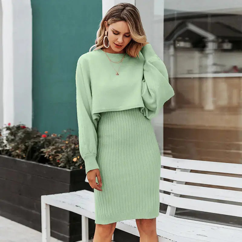 2pcs Knitted Dress Suit Fashion Solid Color Pullover Lantern-sleeved Sweater Fall Winter Women's Clothing Angel Wishes