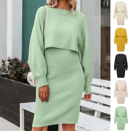 2pcs Knitted Dress Suit Fashion Solid Color Pullover Lantern-sleeved Sweater Fall Winter Women's Clothing Angel Wishes