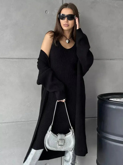 2pcs Knitted Suit Fashion Slim Sleeveless Long Dress And Casual Loose Cardigan Spring Fall Women's Clothing Angel Wishes