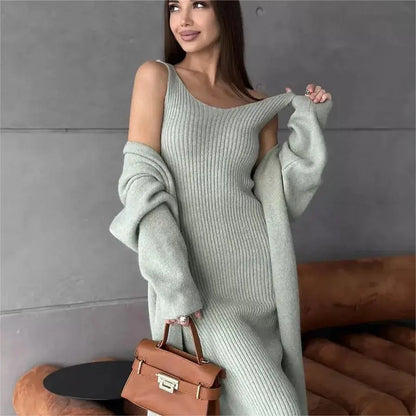 2pcs Knitted Suit Fashion Slim Sleeveless Long Dress And Casual Loose Cardigan Spring Fall Women's Clothing Angel Wishes