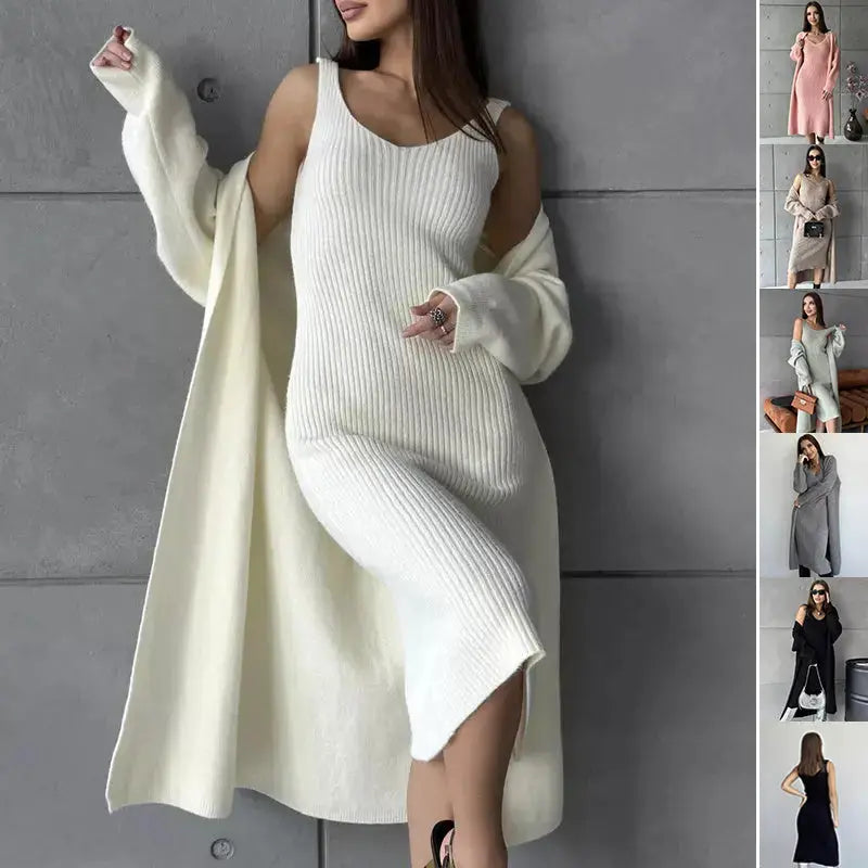 2pcs Knitted Suit Fashion Slim Sleeveless Long Dress And Casual Loose Cardigan Spring Fall Women's Clothing Angel Wishes