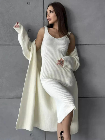 2pcs Knitted Suit Fashion Slim Sleeveless Long Dress And Casual Loose Cardigan Spring Fall Women's Clothing Angel Wishes