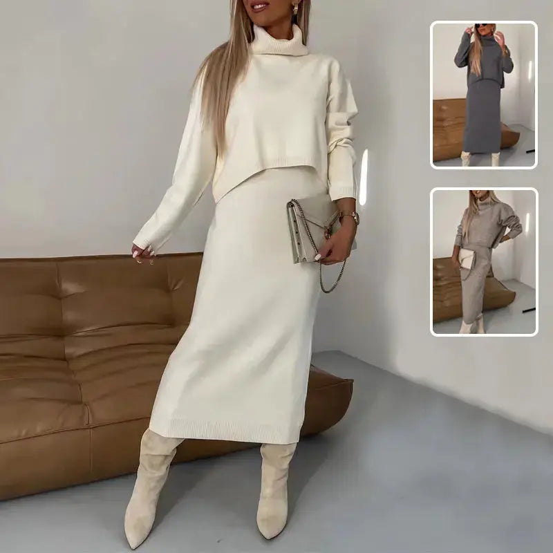 2pcs Sweater Suit Winter Fashion Turtleneck Pullover And Sleeveless Long Dress Womens Clothing Angel Wishes