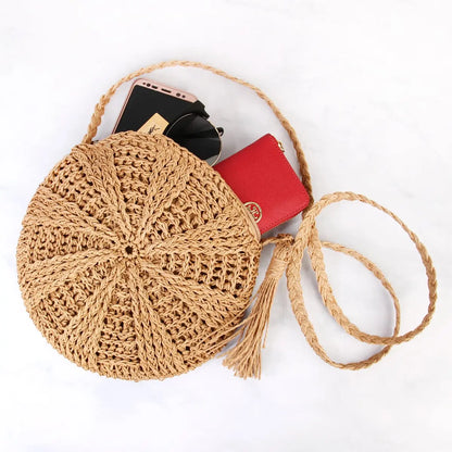 Simple round tassel women's crossbody straw woven bag Angel Wishes