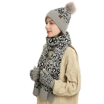 Winter Leopard Print Warm Knitted Wool Hat Scarf Gloves Three Piece Set Angel Wishes