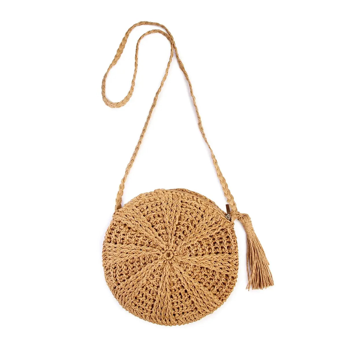 Simple round tassel women's crossbody straw woven bag Angel Wishes