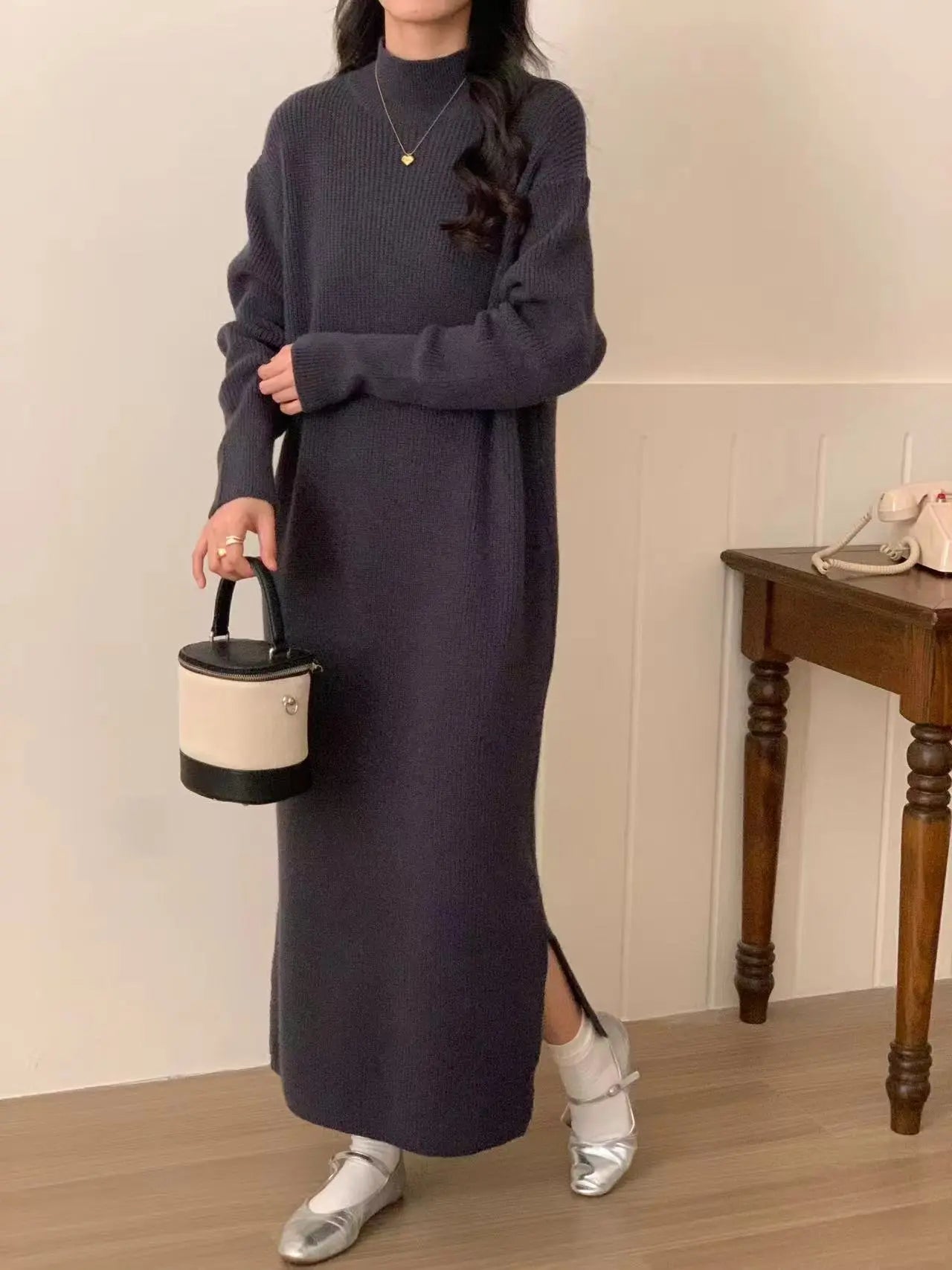 Long Knitted Dress Half Turtleneck Angel Wishes