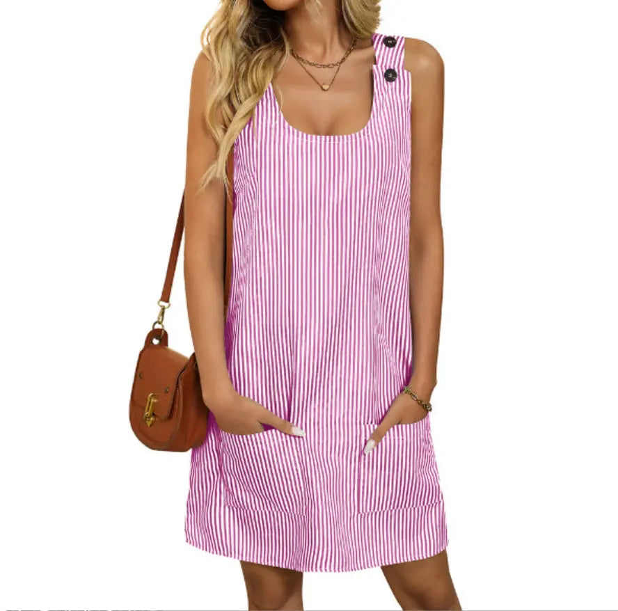 Summer Fashion Striped Patchwork Commuting U-Neck Sleeveless Pockets Back Button Casual Straight Slimming Mini Dress For Women Angel Wishes
