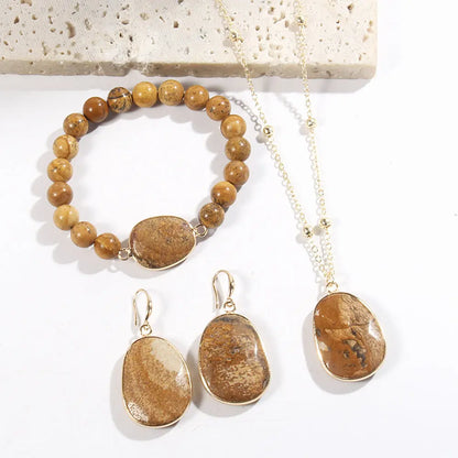 Gold Chain Necklace Natural Stone Bracelet Earrings Women's Jewelry Set Angel Wishes
