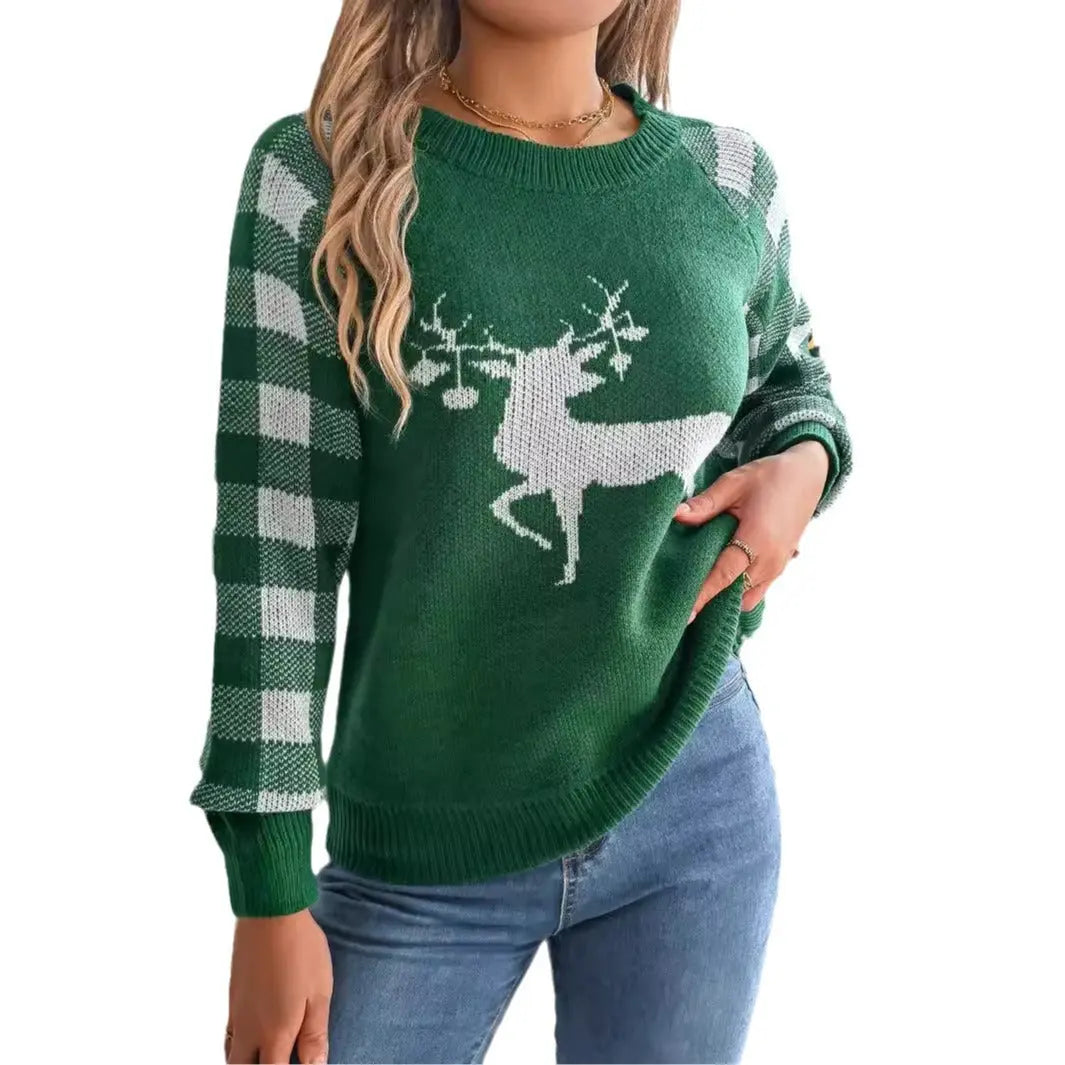 Christmas Women's Casual Plaid Deer Long Sleeve Pullover Sweater Angel Wishes