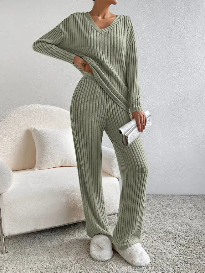 Fashion Solid Striped Suit V-neck Long-sleeved Top And  Pants Angel Wishes