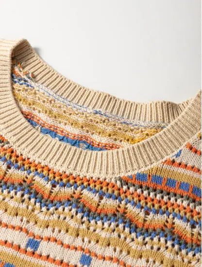 Brown Stripe Eyelet Crochet Round Neck Sweater Vest Angel Wishes