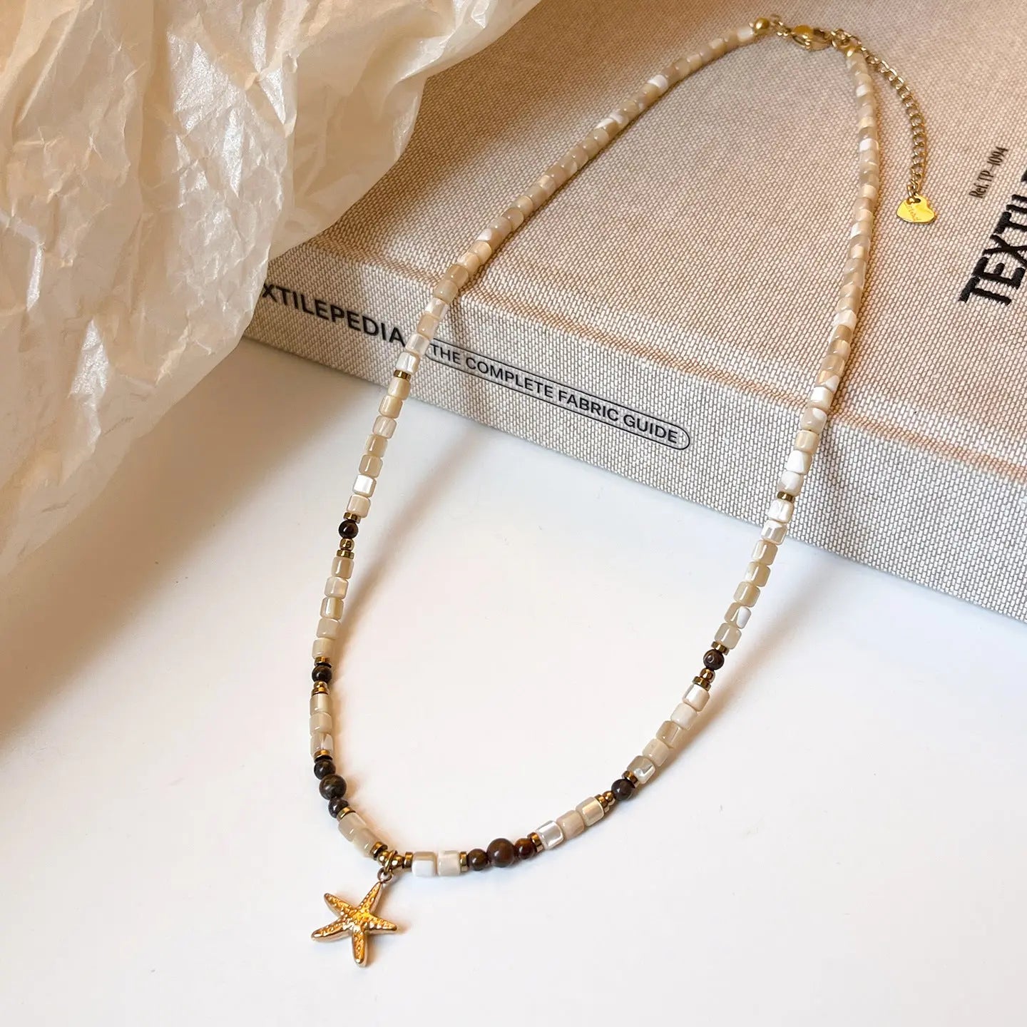Titanium Steel Starfish Pendant Necklace Natural Shell Tigereye Angel Wishes