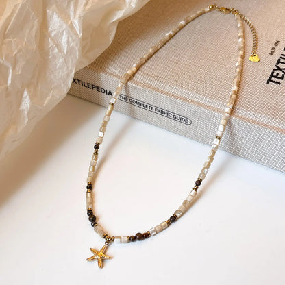 Titanium Steel Starfish Pendant Necklace Natural Shell Tigereye Angel Wishes