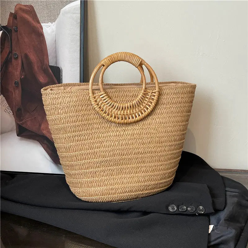 Seaside Ins Style Straw Bag Large Capacity Round Portable Angel Wishes