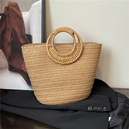 Seaside Ins Style Straw Bag Large Capacity Round Portable Angel Wishes