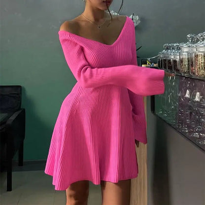 V-Neck Long Sleeve Knitted Fashionable Short Dress Angel Wishes