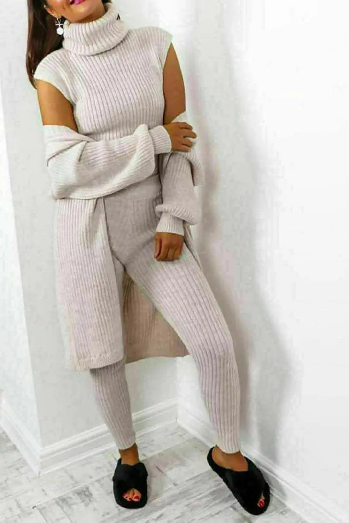 Ladies 3 Piece Knitted Suit Roll Neck Chunky Knitted Ribbed Tracksuit Lounge Set Angel Wishes