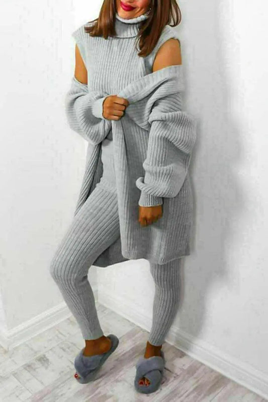 Ladies 3 Piece Knitted Suit Roll Neck Chunky Knitted Ribbed Tracksuit Lounge Set Angel Wishes