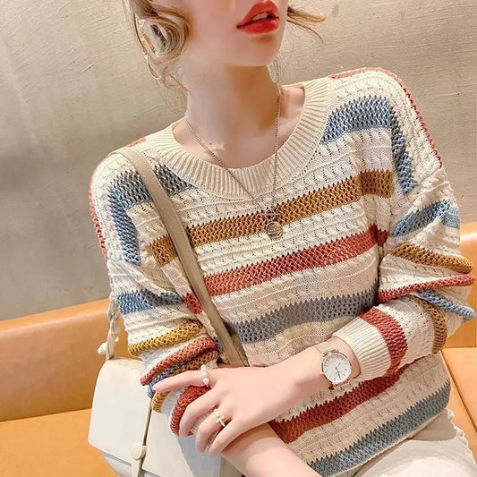 Loose Short Hollow Color Striped Sweater Angel Wishes