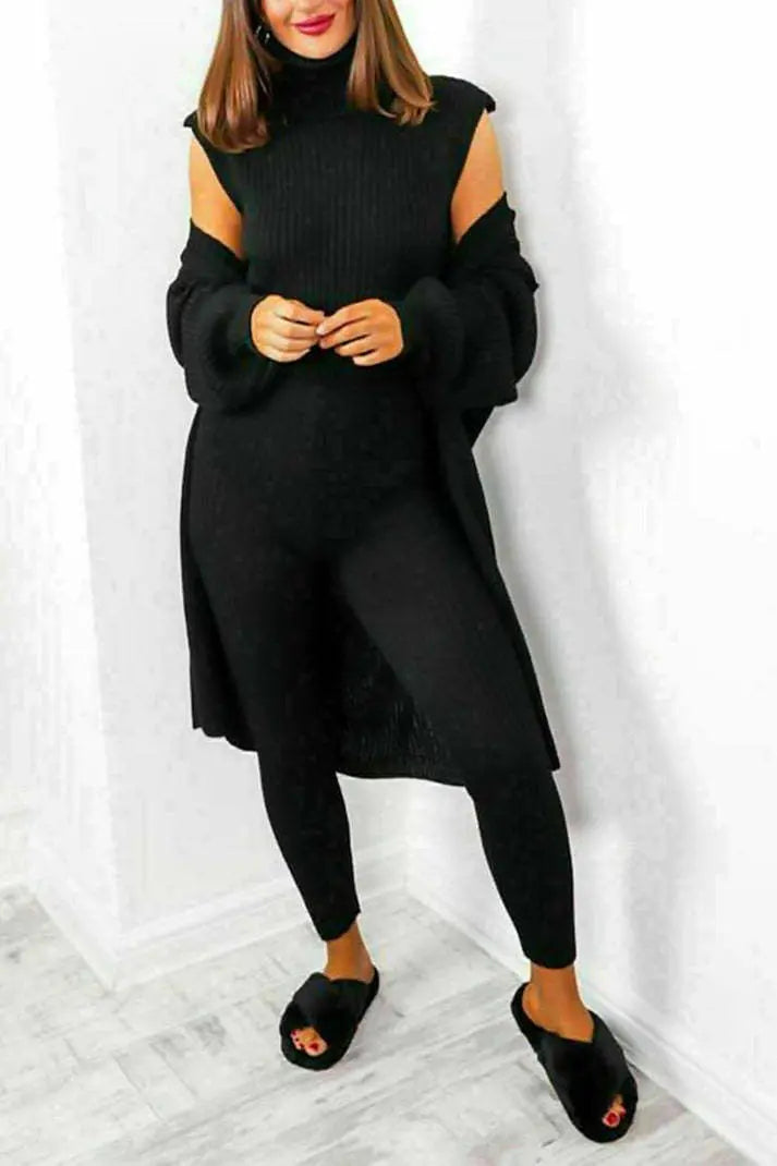 Ladies 3 Piece Knitted Suit Roll Neck Chunky Knitted Ribbed Tracksuit Lounge Set Angel Wishes