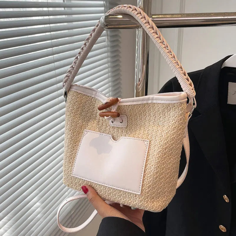 Versatile One-shoulder Bucket Woven Straw Bag Angel Wishes