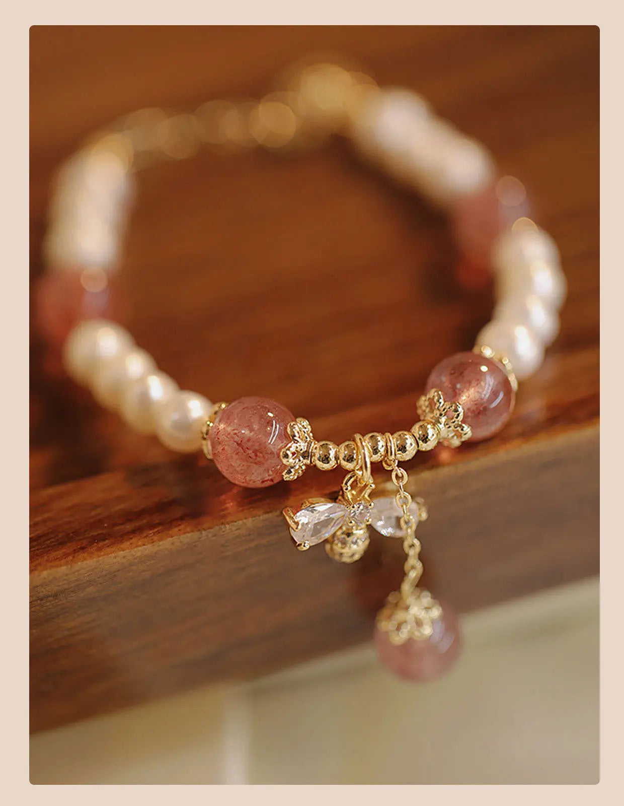 Crystal Strawberry Quartz Stringed Pearls Bracelet Angel Wishes