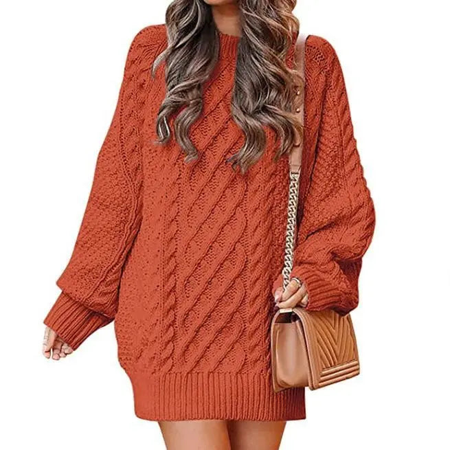 Women's Round Neck Long Sleeve Twisted Knitted Mid-length Dress Sweater Angel Wishes