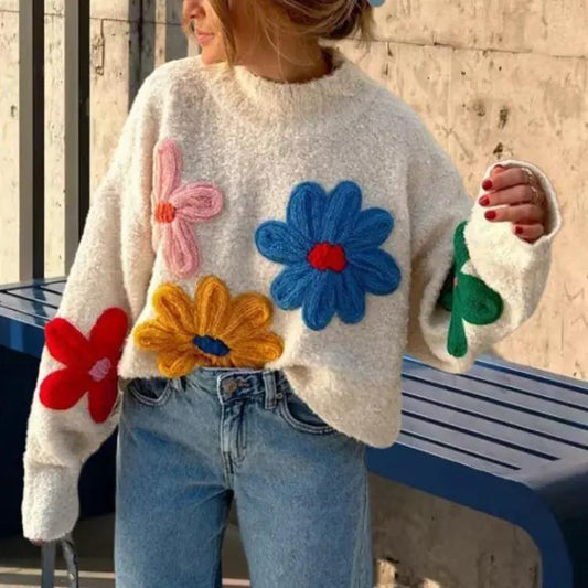 Coloured Flowers Embroidery Pullover Sweater Angel Wishes