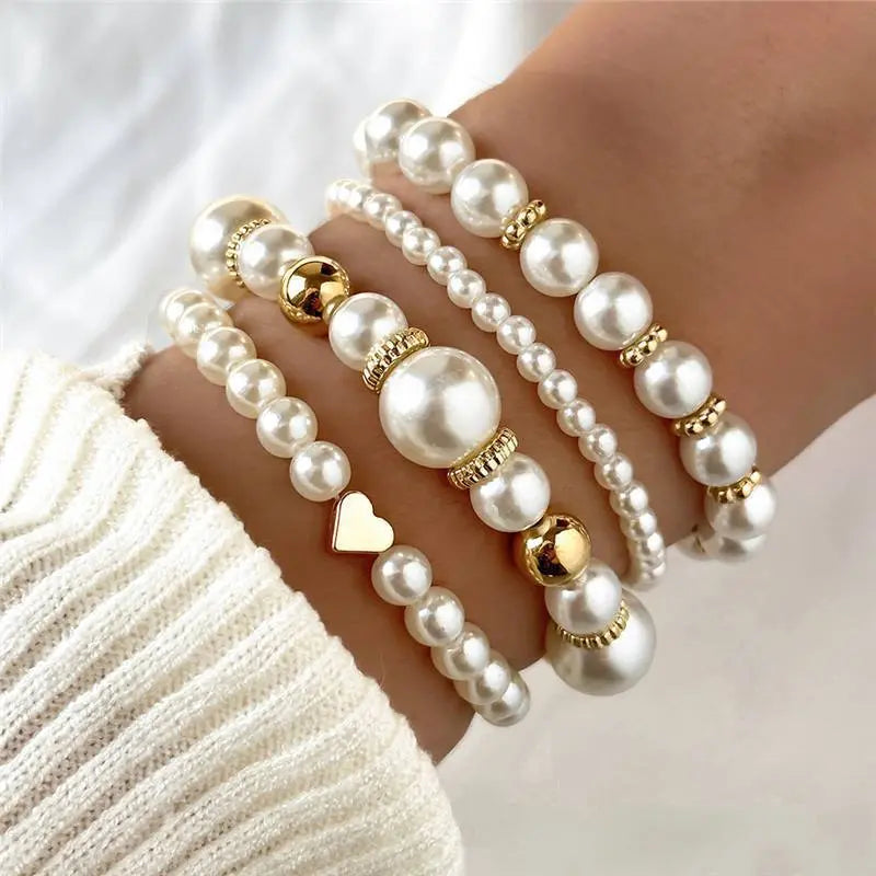 4pcs Set Simple White Faux Pearls Beads Bracelet Angel Wishes