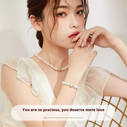 Natural Freshwater Pearl Necklace Suit Green Jade Angel Wishes