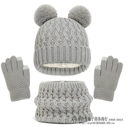 Children's Autumn And Winter Fleece-lined Thickened Double Ball Hat Scarf Gloves Three-piece Set Angel Wishes